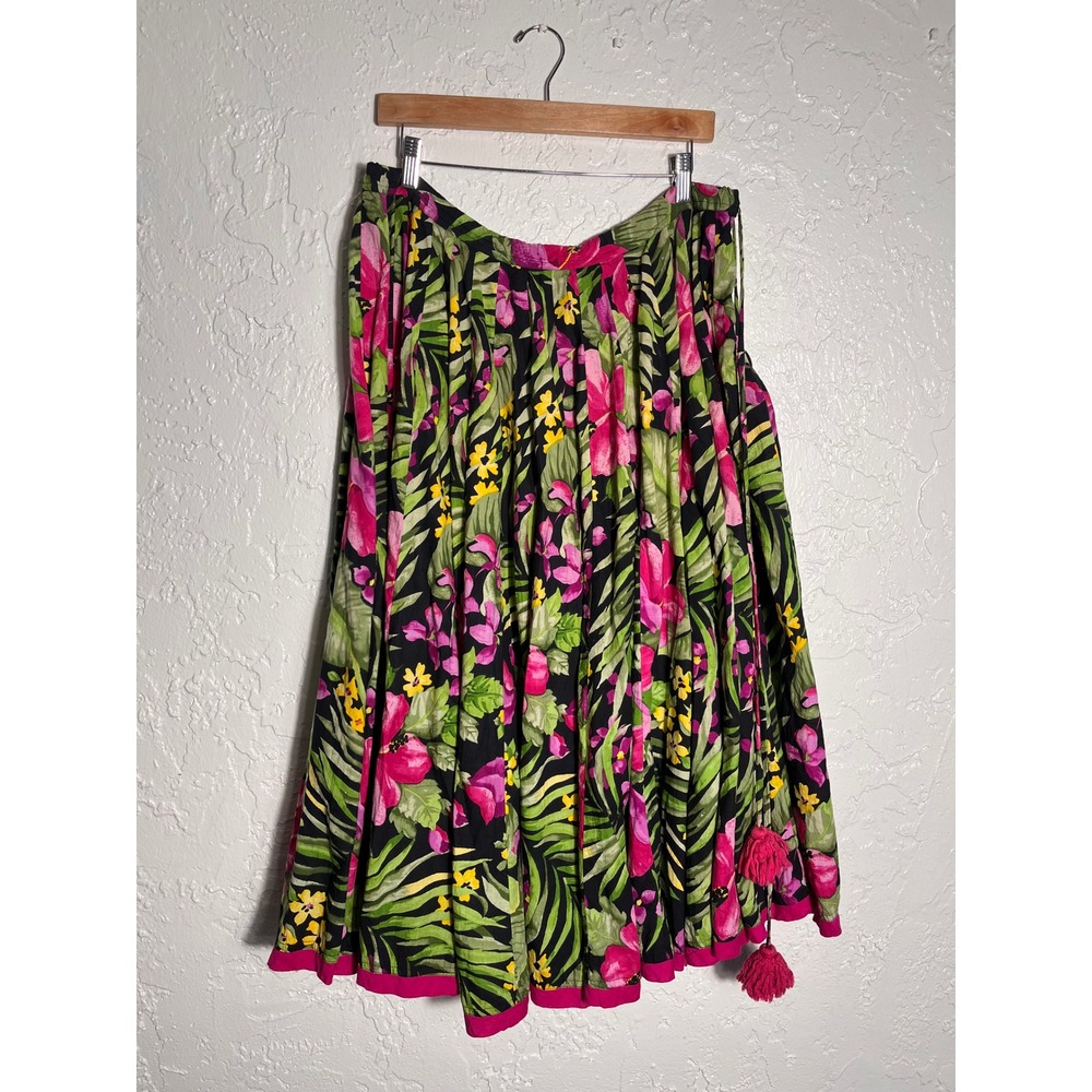 Vintage Tropical Floral Cotton Maxi Skirt Pink Hibiscus Tassel One Size India